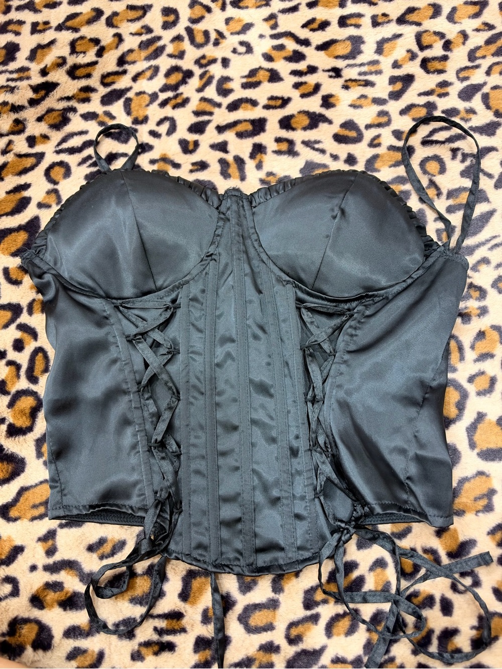 Black Satin Lace-Up Bustier Corset Top with zipper
